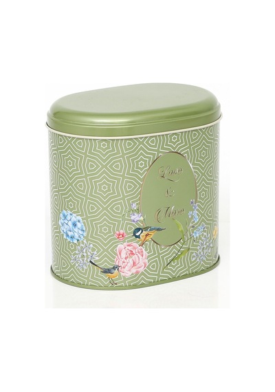 Blooming Green Desenli Oval Metal Saklama Kabı 14 x 12 x 13 CM 1.4 L Çok Renkli