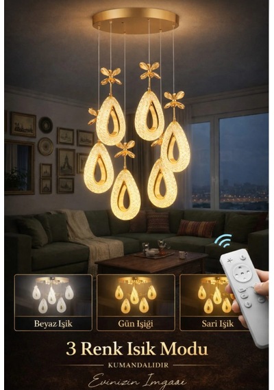 Yagmur Model 6'lı Krom 3 Renk Modu Ledli Modern Salon Mutfak Oturma Odası Led Avize Gold
