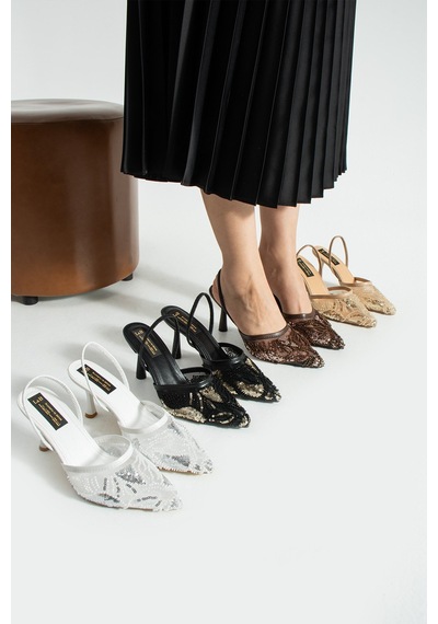 Lebibe Shoes Perıe Beyaz Kadın 7 Cm Topuklu Pullu Payetli Bantlı Abiye Gelin Düğün Ayakkabısı Terliği