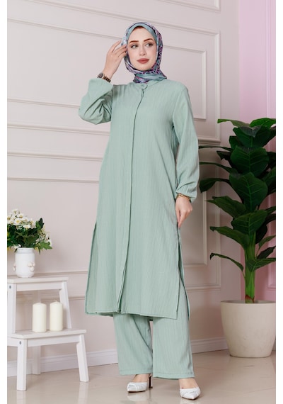 Sevitli Yırtmaç Detaylı Tunik Pantolon Takım-mint Yeşili-4862