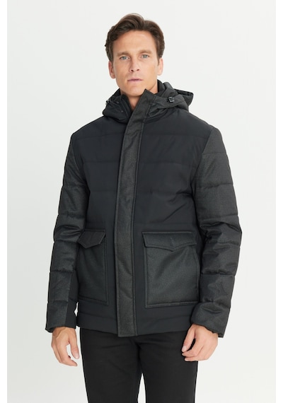 AC&Co / Altınyıldız Classics Erkek Sıyah Standart Fit Normal Kesim Kapüşonlu Çıtçıtlı Torba Cepli Kaban Siyah