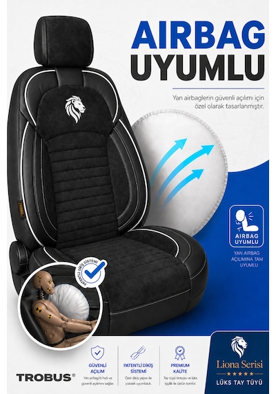 Volkswagen Caddy 2004-2020 Araca Uyumlu Premium Tay Tüyü Koltuk Kılıfı Liona Serisi Siyah Beyaz