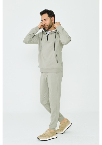 White Stone Açık Yeşil Kapüşonlu Yarım Fermuarlı Yandan Cepli Erkek Sweatshirt Khaık