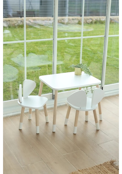 White Mickey Fare 1 Masa + 2 Sandalye (Çocuklar için Yaz-Sil Montessori Aktivite ve Etkinlik Masa Sandalye Takımı)