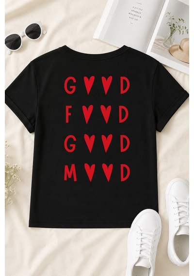 Spoyi Good Mood Tasarımlı %100 Pamuk Yarım Oversize Siyah T-shirt
