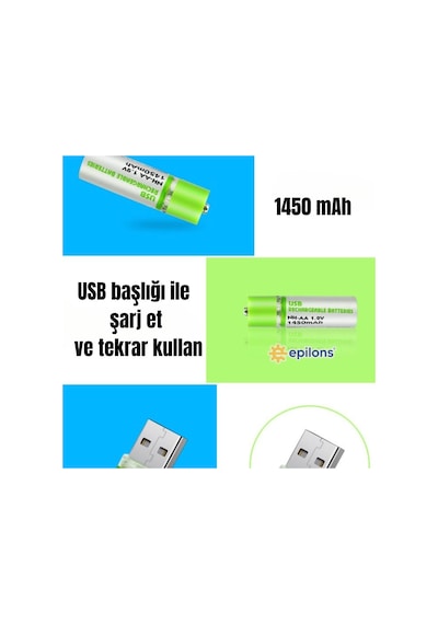 Usb Şarjlı 1450mah Aa 1.2v Lityum Kalem Pil 2 Li Set Dönüşümlü Batarya