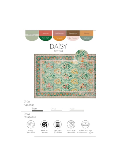 Cool Halı Daisy Su Yeşili Yıkanabilir Çiçekli Dokuma Şönil Halı Bohem Eskitme Vintage Oda Halısı Yeşil