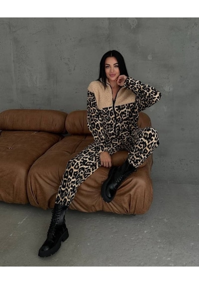 Sinemonline Kadın 3 Iplik Kumaş Leopar Desenli Ikili Takım Leopar