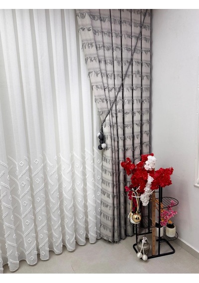 Nivemeshome Sedef 1-094p Yarı Desen Ekru 1/3 Pileli Tül Perde