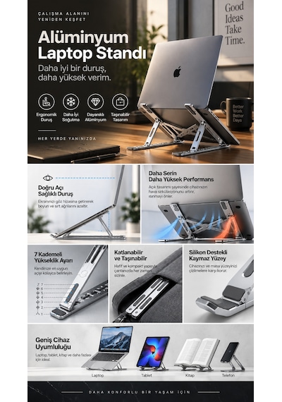 Alüminyum Katlanabilir Laptop Standı 7 Kademeli Yükseklik Ayarlı Dizüstü Bilgisayar & Tablet Tutucu