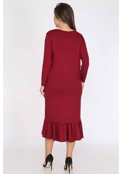 Bordo Uzun Kollu Büyük Beden Elbise 12C-0786 Bordo