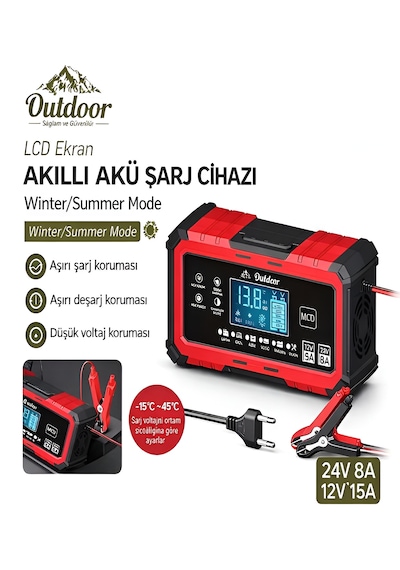 24v/8a 12v/15a Akıllı Akü Şarj Ve Onarım Cihazı Yaz Kış Modlu Lcd Ekranlı Start Stop