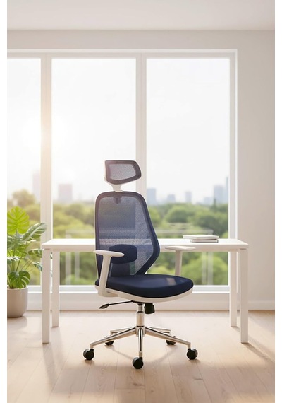 Dali Beyaz Fileli Yönetici Koltuğu Ergonomik Başlıklı Ofis Koltuğu Lacivert Diğer