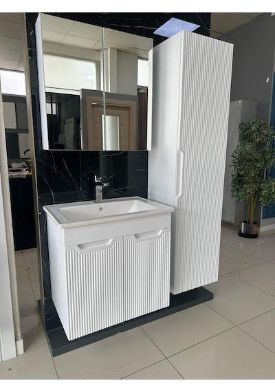 Noce Aynalı Cnc İşlemeli Membran Kapaklı Banyo Dolabı 65 CM Beyaz