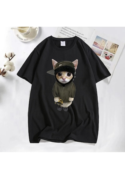 Flood Of Style Tonka T Shirt İle Yeat Kitty Erkekler Komik Sevimli Kedi Grafik Tee % Baskılı Tişört Pamuk Te Siyah