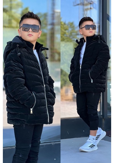 Pina Kids Erkek Çocuk Çıkarılabilir Kapüşonlu Sık Dikişli Nova Kumaş Kışlık Şişme Mont Km4016 Siyah