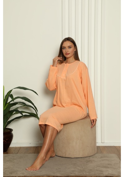 Yasar Underwear Kadın Uzun Kollu Dantel Detaylı Rahat Kesim %100 Pamuk Gecelik Şeftali Şeftali
