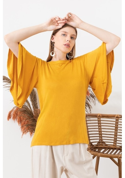 Aqe Fashion Kadın Hardal Kolu Volanlı Kayık Yaka Bluz-Hardal