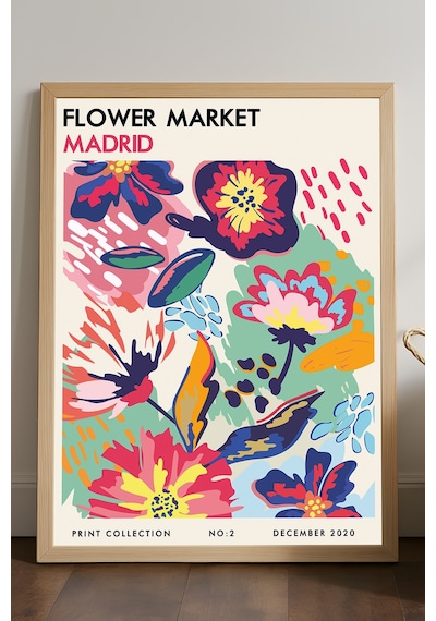 Flower Market Madrid Doğal Ahşap Çerçeveli Poster, Dekoratif Sanatsal Duvar Tablosu