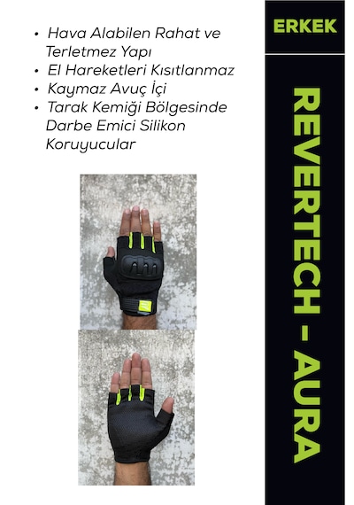 Revertech Aura Siyah - Neon / Yarım Parmak - Kaymaz Avuç İçi Özellikli Motosiklet Eldiveni Erkek