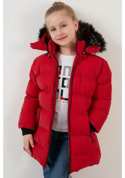 Lela Yakası Suni Kürklü Peluş Astarlı Çıkarılabilir Kapüşonlu Dar Kesim Kışlık Kız Çocuk Mont 5760002 Kırmızı