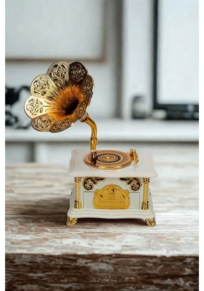 Nostaljik Beyaz Mini Gramafon Müzik Kutusu - Mekanik Masa Aksesuarı Hediyelik Beyaz