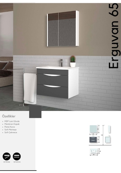 Evros Erguvan 65 Cm Banyo Dolabı Beyaz - Antrasit