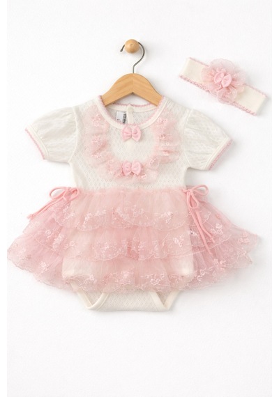 Kardeşler Bebe Tütü Etekli Dantelli Kız Bebek Body Takımı Saç Bantlı Beyaz