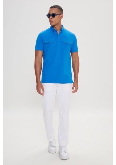 Erkek Saks Slim Fit Dar Kesim %100 Pamuk Polo Yaka Tişört Saks