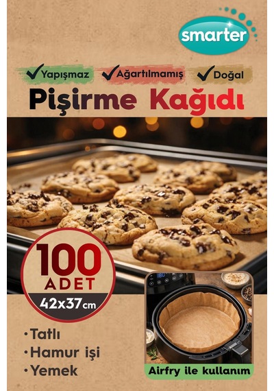Smarter 100 Adet Ağartılmamış Hazır Kesilmiş Pişirme Kağıdı Airfryer 42x37cm Yapışmaz
