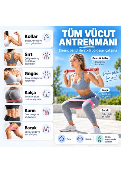 Pilates Direnç Bandı Seti Pembe Mor Mini Loop Uzun Egzersiz 8 Parça Çok Renkli