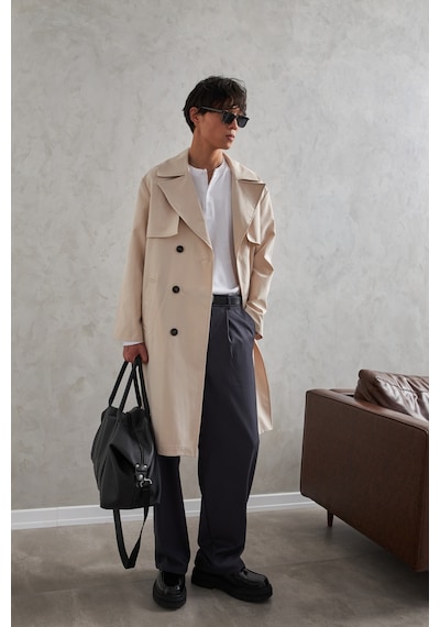 Erkek Kruvaze Yaka Oversize Trençkot Krem