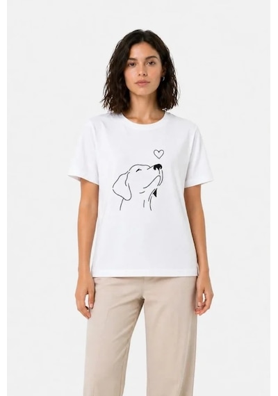 Defymoda Köpek Figürlü Minimal Baskılı Tişört Kısa Kol Yazlık T-shirt - Beyaz