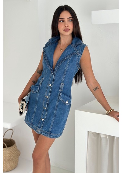 Femelle Kadın Mavi Fırfırlı Yaka Düğmeli Kot Mini Elbise - Cepli Kolsuz Denim Elbise