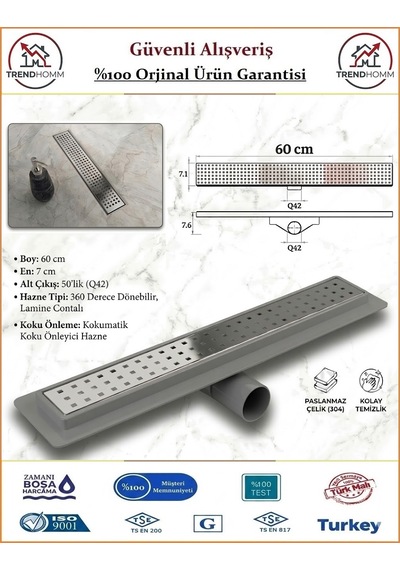 Trendhomm Duş Gider Kanalı - Dönerli Alt Hazne - Paslanmaz Izgara 60 Cm