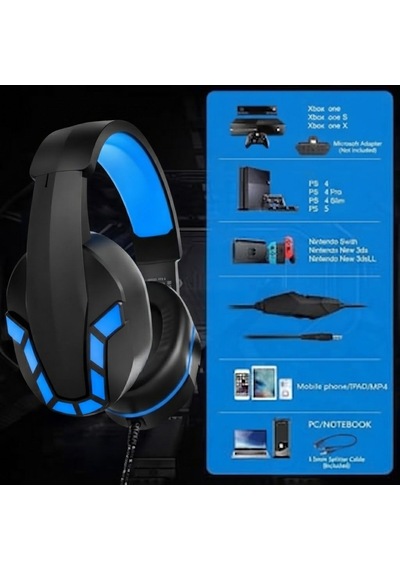 Model Ps-4 Profesyonel Mikrofonlu Oyuncu Kulaklığı - Mavi Led Işıklı Stereo Gaming Headset