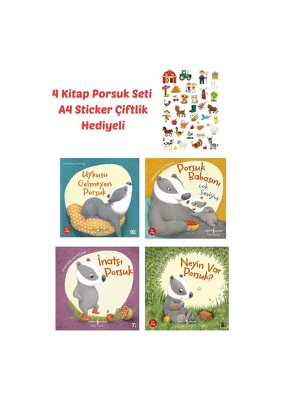 Sticker Hediyeli 4 Kitap Porsukset , İnatçı, Neyin Var, Babasını Çok Seviyor, Uykusu Gelmeyen Porsuk
