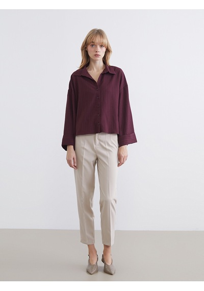 Lcw Vision Bordo Çizgili Oversize Kadın Gömlek