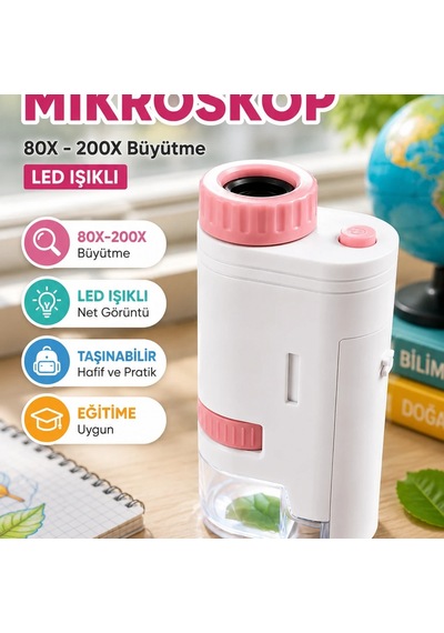 80x-200x Led Işıklı Taşınabilir Dijital Mikroskop Çocuk Eğitim Ve Hobi Mikroskobu