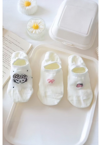 Hitit Socks Kadın 5 Çift Yumuşak Nefes Alabilen Karikatür Ve Sevimli Kedi Desenli Görünmez Çorap beyaz