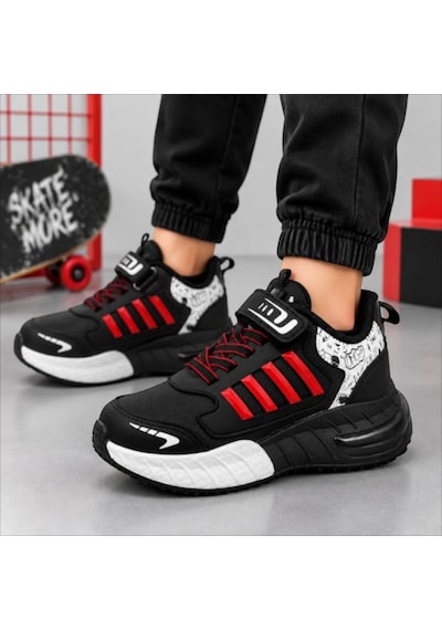 Black Flex Grafiti Çocuk Sneaker Ayakkabı Siyah Kırmızı 31-35 2651 Sıyah
