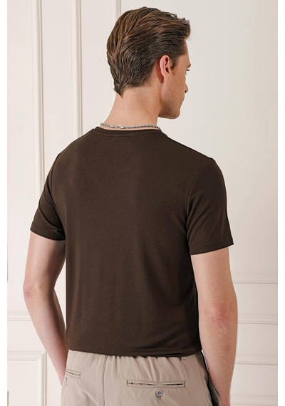 Efor Slim Fit Bisiklet Yaka Düz Pamuklu Kahverengi Tişört Ts 823 Kahverengi