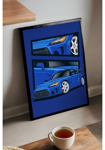 Honda S2000 Siyah Ahşap Çerçeveli Poster, Dekoratif Araba Duvar Tablosu