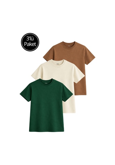 Kadın 3'lü Paket Yeşil-bej-kahve %100 Pamuk Oversize Basic Tişört Bisiklet Yaka Relaxed T-shirt Yeşil-bej-kahve