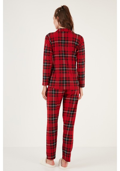 Lela Desenli Beli Lastikli Gömlek Yaka Dokuma Bayan Pijama Takımı 6095660W4 Kırmızı-Siyah