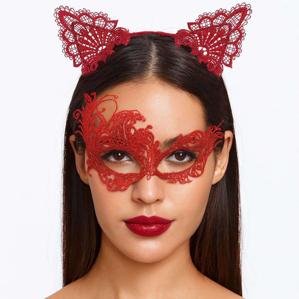 Kırmızı Dantel Maske Ve Taç Seti 1 No - Kostüm Seti 26097439