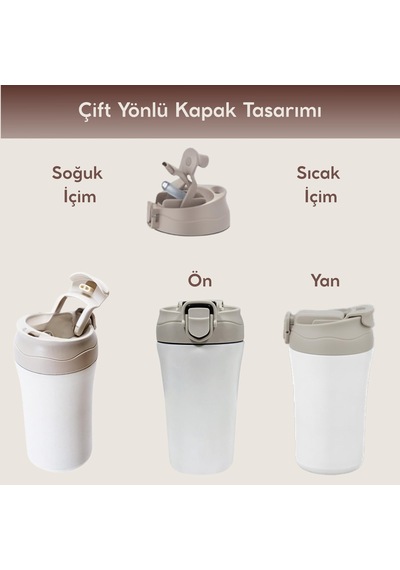 Paslanmaz Çelik Bardak Mug Termos 380 Ml Çift Katmanlı, Sızdırmaz Kapaklı-283 Krem