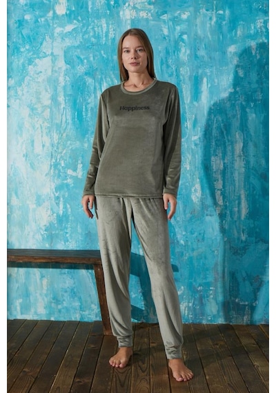 Mihra Homewear Kadın Pijama Takımı Uzun Kol Soft Fransız Kadife Haki