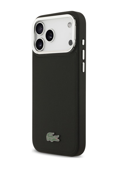 Apple Uyumlu iPhone 17 Pro Max Kılıf Lacoste Lisanslı M-safe Şarjlı Pu Pike Desenli Standlı Metal Logolu Siyah