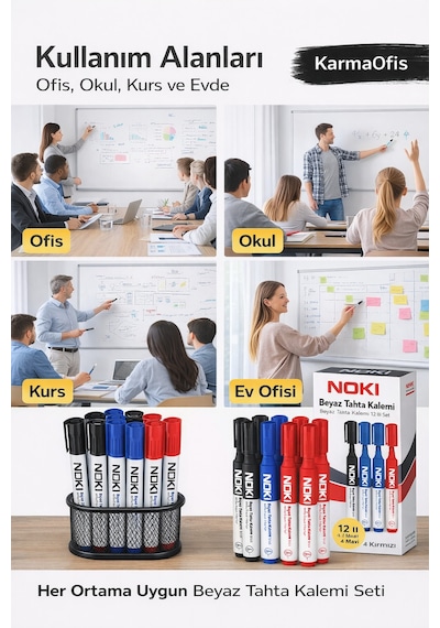 Beyaz Tahta Kalemi 12 Li Set 4 Siyah + 4 Mavi + 4 Kırmızı Çok Renkli12